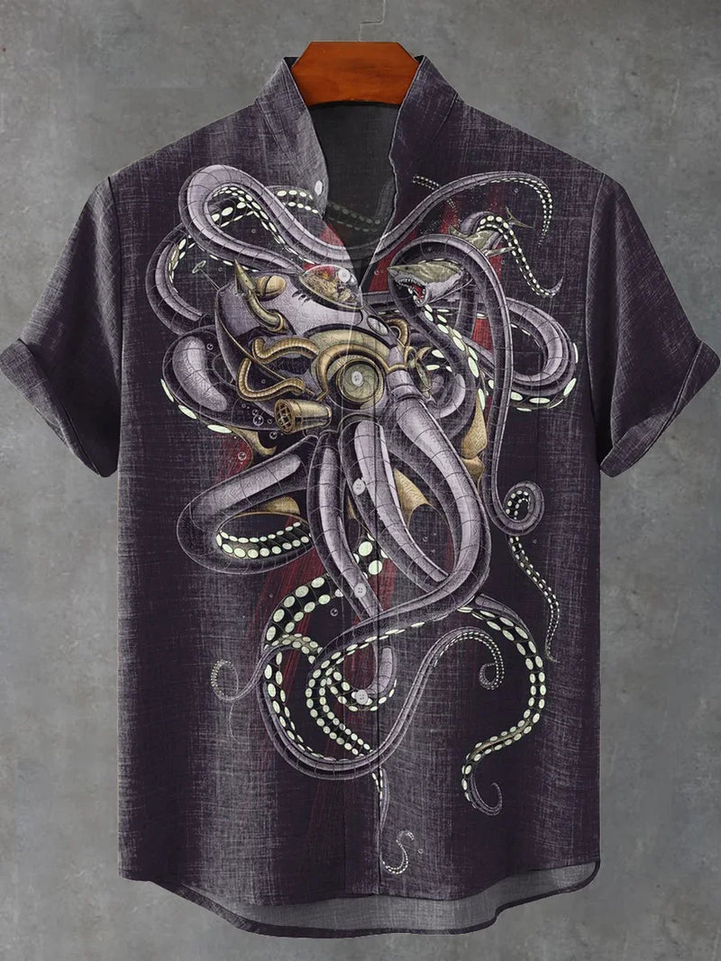 Retro fun salted fish abstract art 3D printing casual fashion linen stand up collar men's short sleeved shirt
