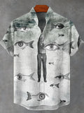 Retro fun salted fish abstract art 3D printing casual fashion linen stand up collar men's short sleeved shirt