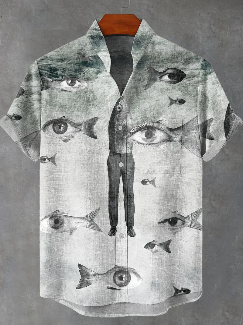 Retro fun salted fish abstract art 3D printing casual fashion linen stand up collar men's short sleeved shirt