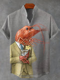 Retro fun salted fish abstract art 3D printing casual fashion linen stand up collar men's short sleeved shirt