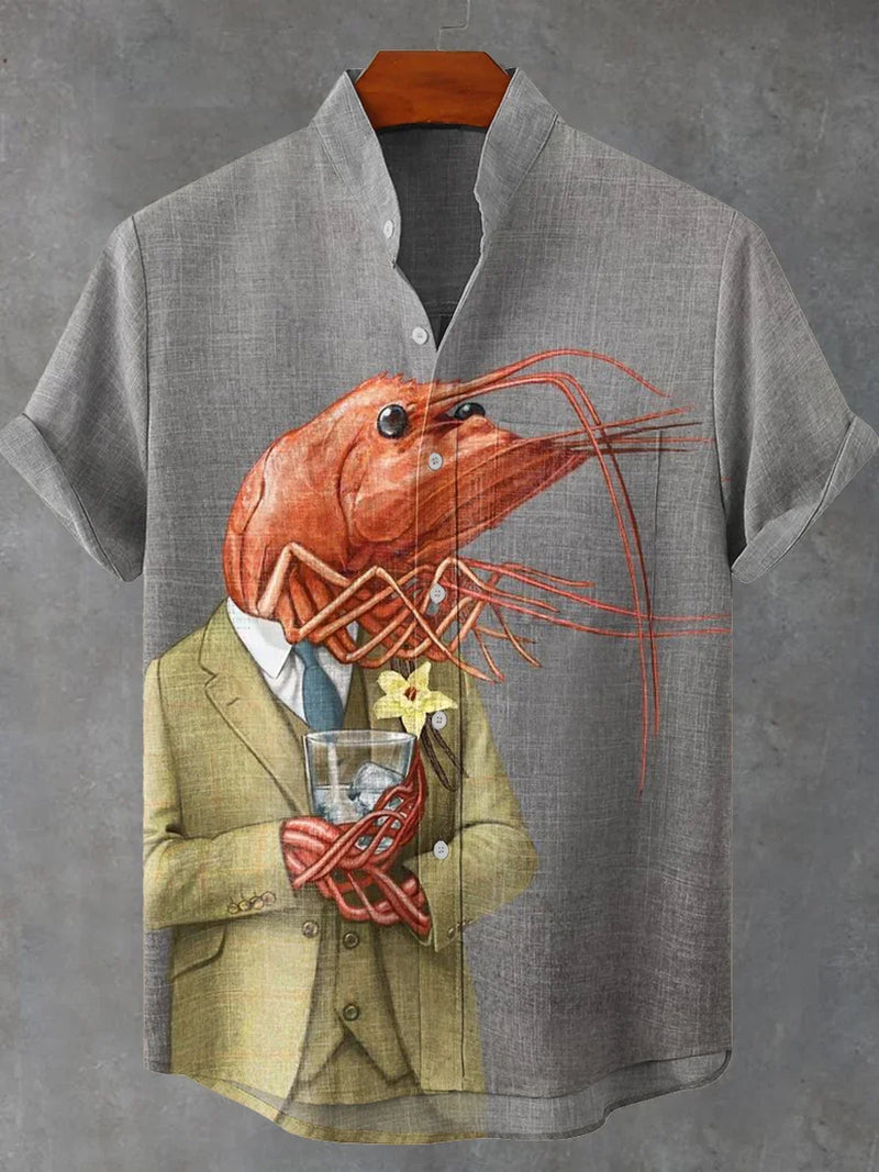 Retro fun salted fish abstract art 3D printing casual fashion linen stand up collar men's short sleeved shirt