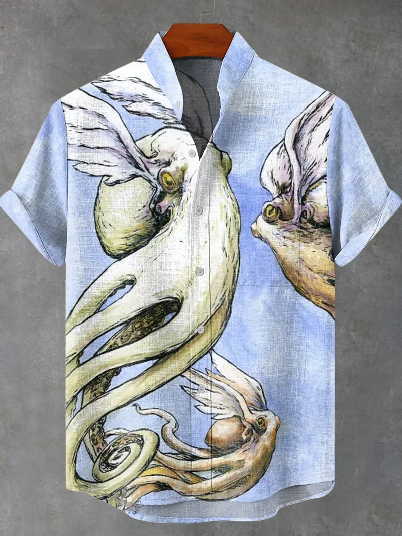 Retro fun salted fish abstract art 3D printing casual fashion linen stand up collar men's short sleeved shirt