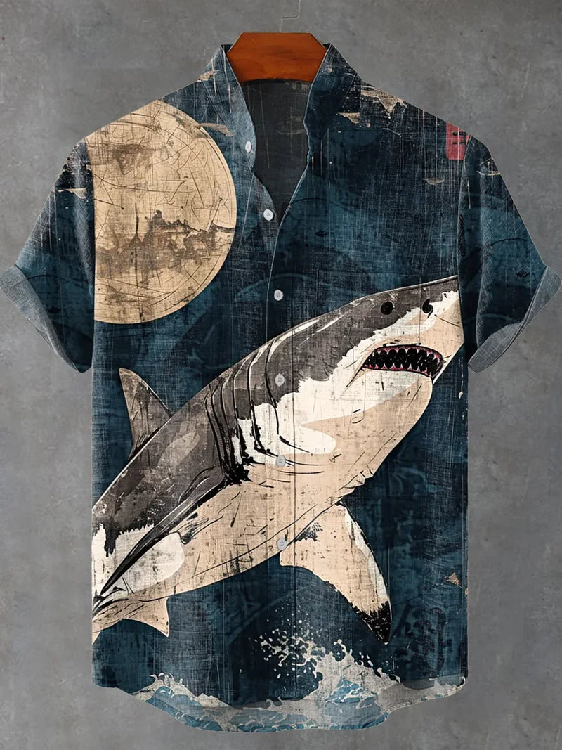 Retro fun salted fish abstract art 3D printing casual fashion linen stand up collar men's short sleeved shirt