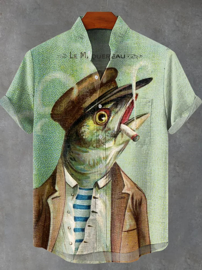 Retro fun salted fish abstract art 3D printing casual fashion linen stand up collar men's short sleeved shirt