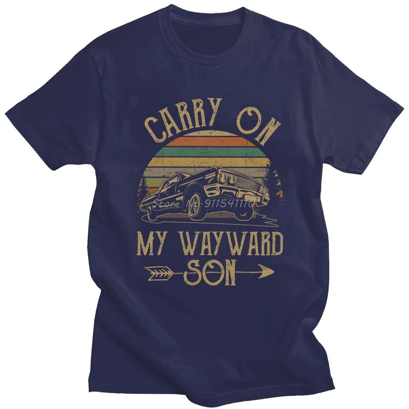 Supernatural T-Shirts Vintage Men's T Shirt Carry On My Wayward Son Dark Heather Unique Tee Shirt Cotton Printed Tshirt Clothing