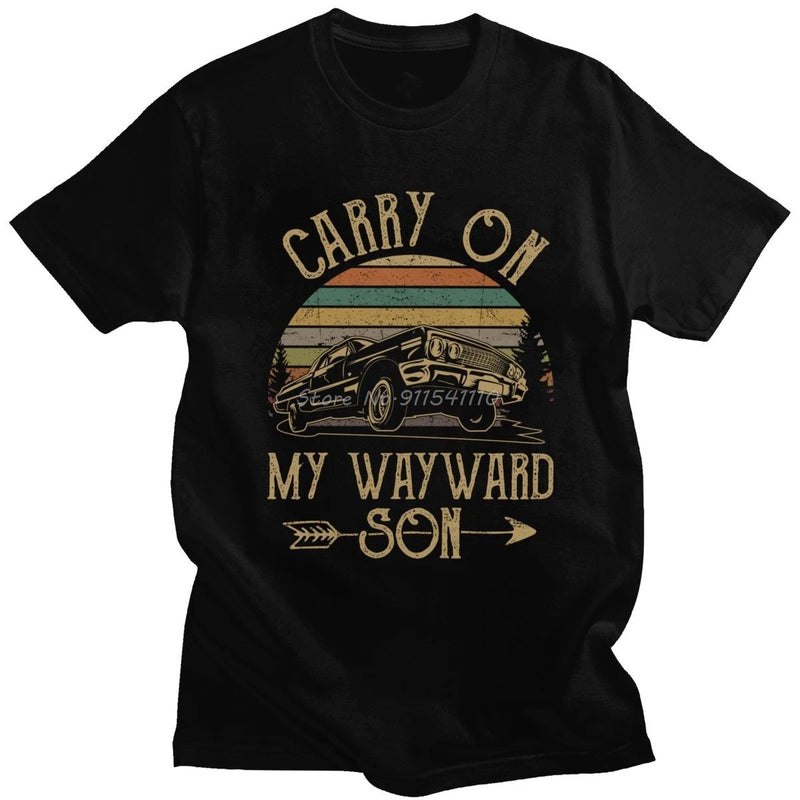 Supernatural T-Shirts Vintage Men's T Shirt Carry On My Wayward Son Dark Heather Unique Tee Shirt Cotton Printed Tshirt Clothing