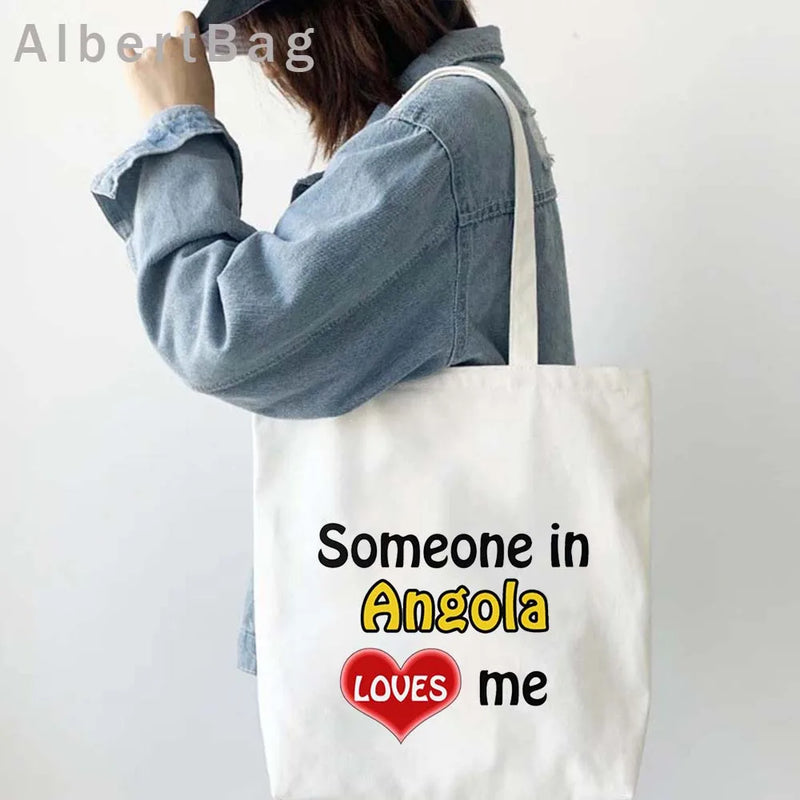 Luanda Angola Map Flag Emblem Gift Idea Love Heart South Africa Skyline Shopper Harajuku Canvas Tote Bag Cotton Shopping Handbag
