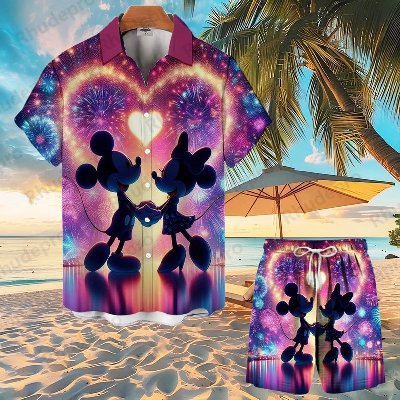 Disney Mickey Mouse Men Women Button Shirt Spider-Man Summer Short Cartoon Hawaii Shirt Set Beach Short Suit Donald Duck