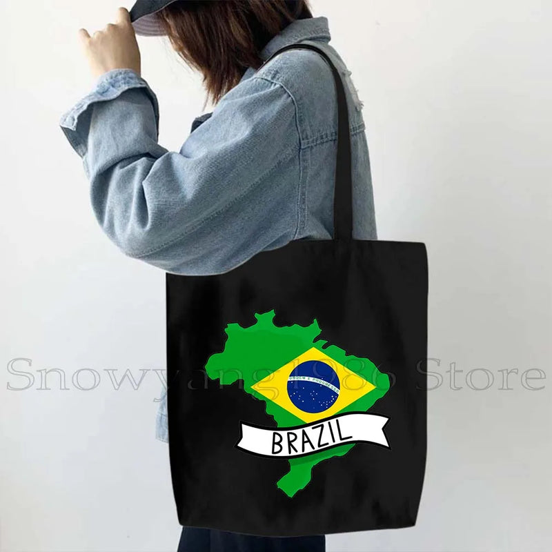 Brazil Map Brazilian Flag Heartbeat Guitar Love Heart Country Watercolor Gift Shoulder Canvas Tote Bag Harajuku Fashion Handbag