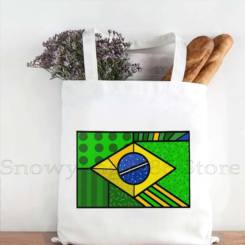 Brazil Map Brazilian Flag Heartbeat Guitar Love Heart Country Watercolor Gift Shoulder Canvas Tote Bag Harajuku Fashion Handbag