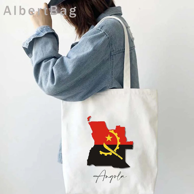 Luanda Angola Map Flag Emblem Gift Idea Love Heart South Africa Skyline Shopper Harajuku Canvas Tote Bag Cotton Shopping Handbag