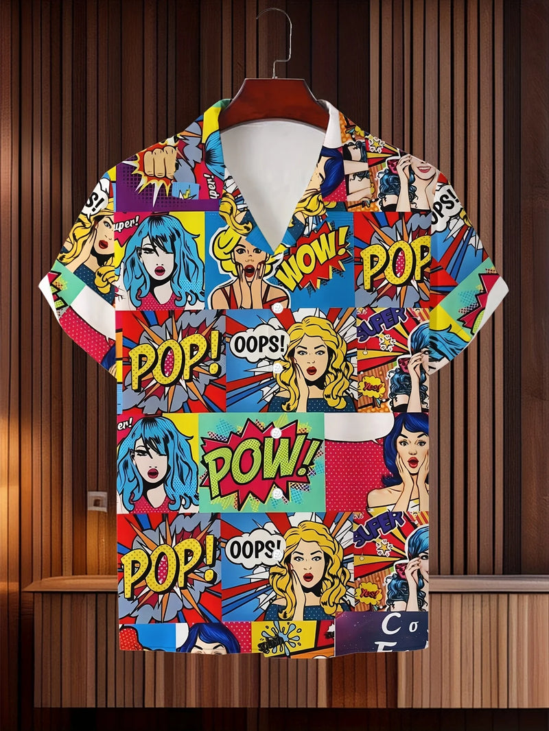 Summer 3D Printed Geometric Pattern Hawaiian Shirt - Short-sleeved Button-down Beach Top, Cartoon-style Design, Bright Colors, L