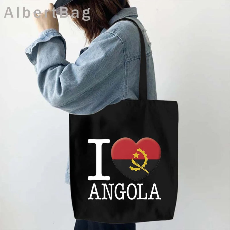 Luanda Angola Map Flag Emblem Gift Idea Love Heart South Africa Skyline Shopper Harajuku Canvas Tote Bag Cotton Shopping Handbag