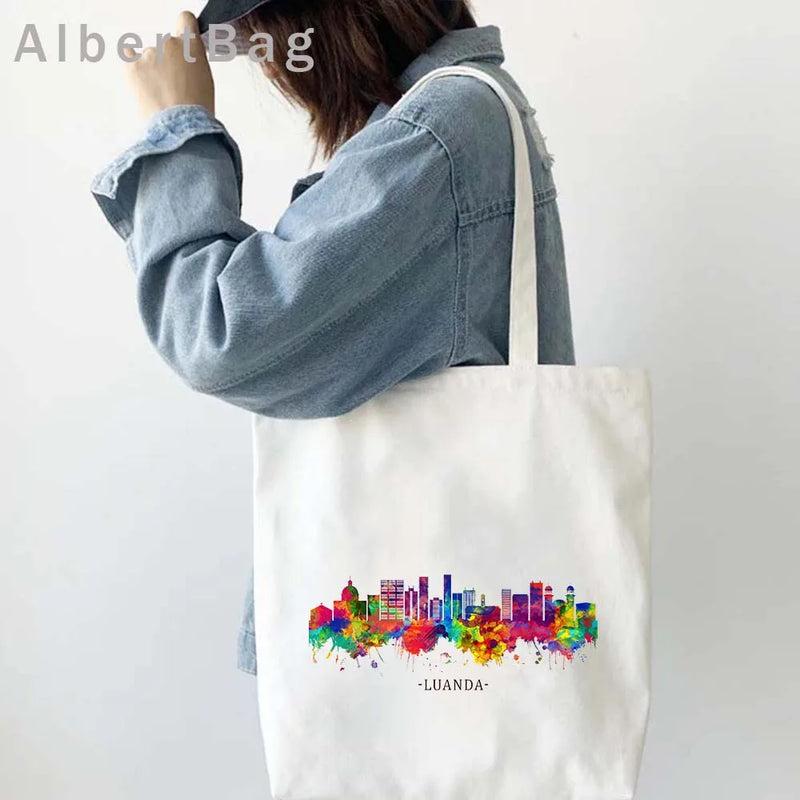 Luanda Angola Map Flag Emblem Gift Idea Love Heart South Africa Skyline Shopper Harajuku Canvas Tote Bag Cotton Shopping Handbag