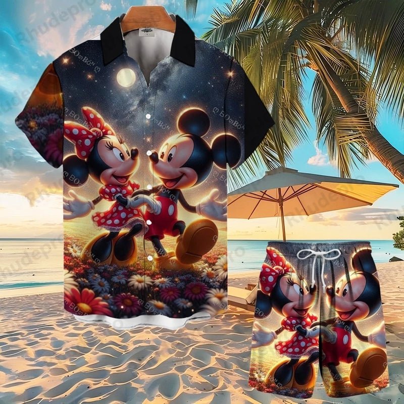 Disney Mickey Mouse Men Women Button Shirt Spider-Man Summer Short Cartoon Hawaii Shirt Set Beach Short Suit Donald Duck