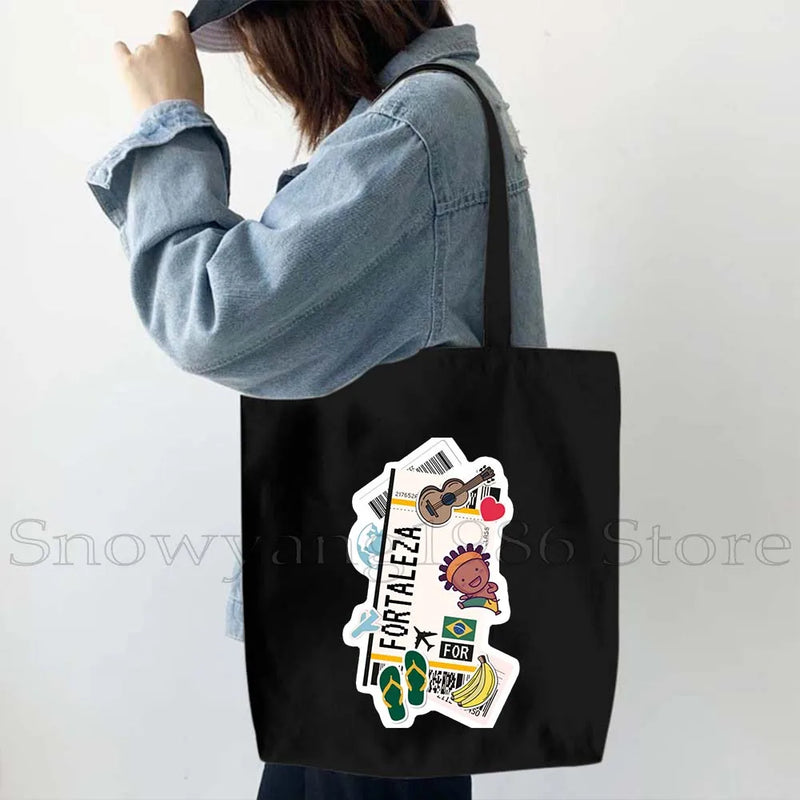 Brazil Map Brazilian Flag Heartbeat Guitar Love Heart Country Watercolor Gift Shoulder Canvas Tote Bag Harajuku Fashion Handbag