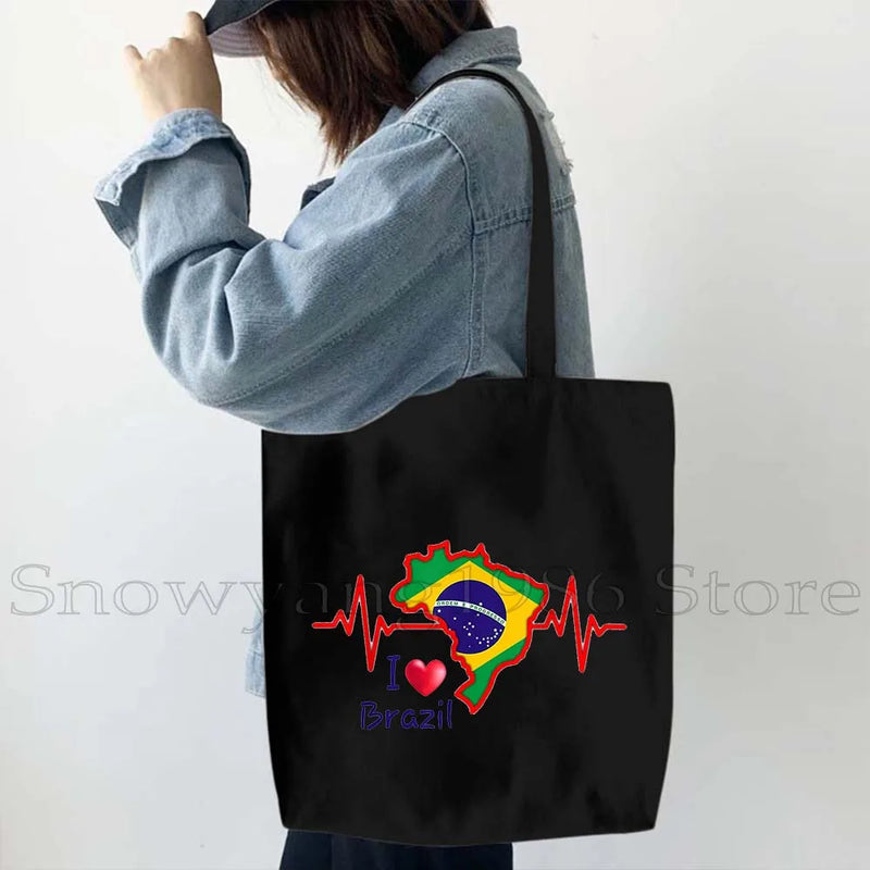 Brazil Map Brazilian Flag Heartbeat Guitar Love Heart Country Watercolor Gift Shoulder Canvas Tote Bag Harajuku Fashion Handbag