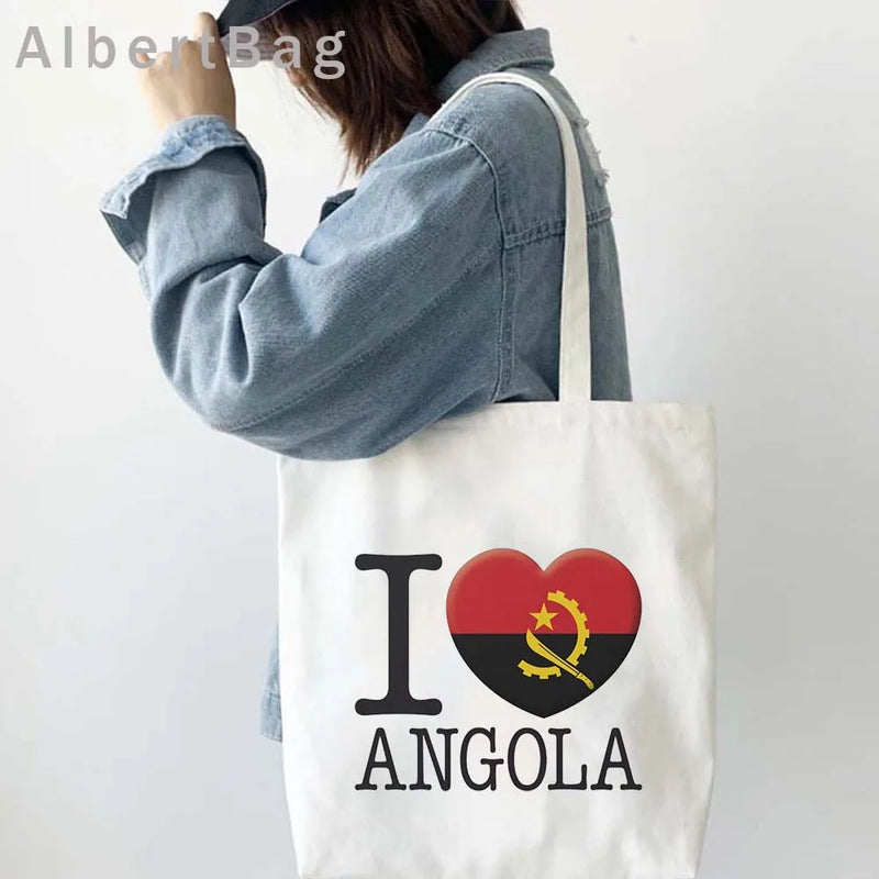 Luanda Angola Map Flag Emblem Gift Idea Love Heart South Africa Skyline Shopper Harajuku Canvas Tote Bag Cotton Shopping Handbag