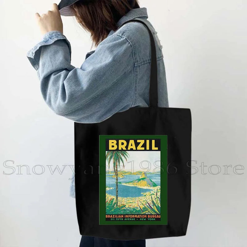 Brazil Map Brazilian Flag Heartbeat Guitar Love Heart Country Watercolor Gift Shoulder Canvas Tote Bag Harajuku Fashion Handbag