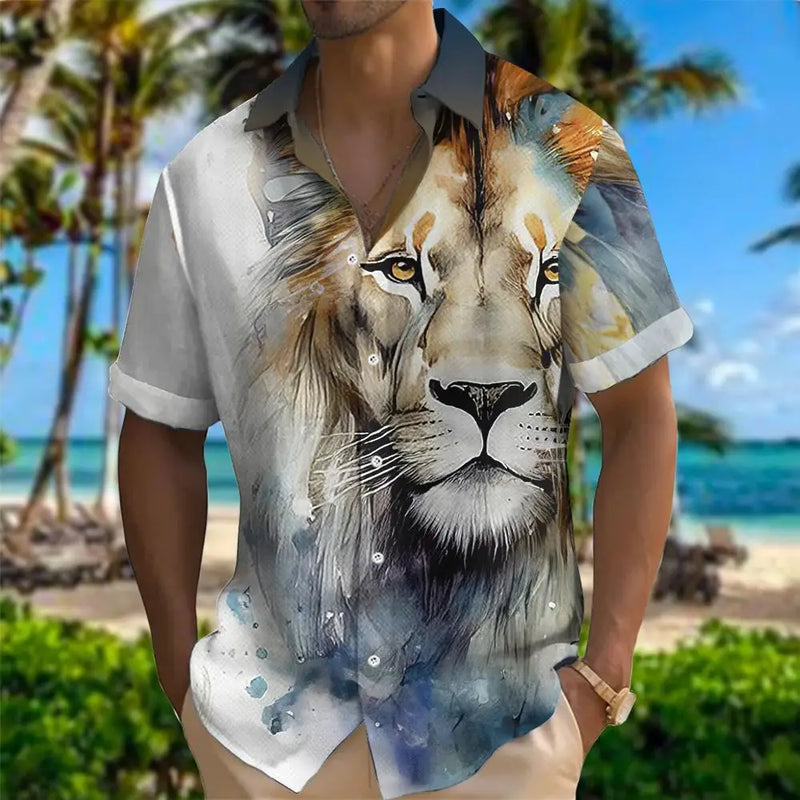 Summer Classic Style Lion Hawaiian Flower Male Social Retro Casual Slim Fit Dress Shirt Blouse Floral Men 3d Print Loose Camisas