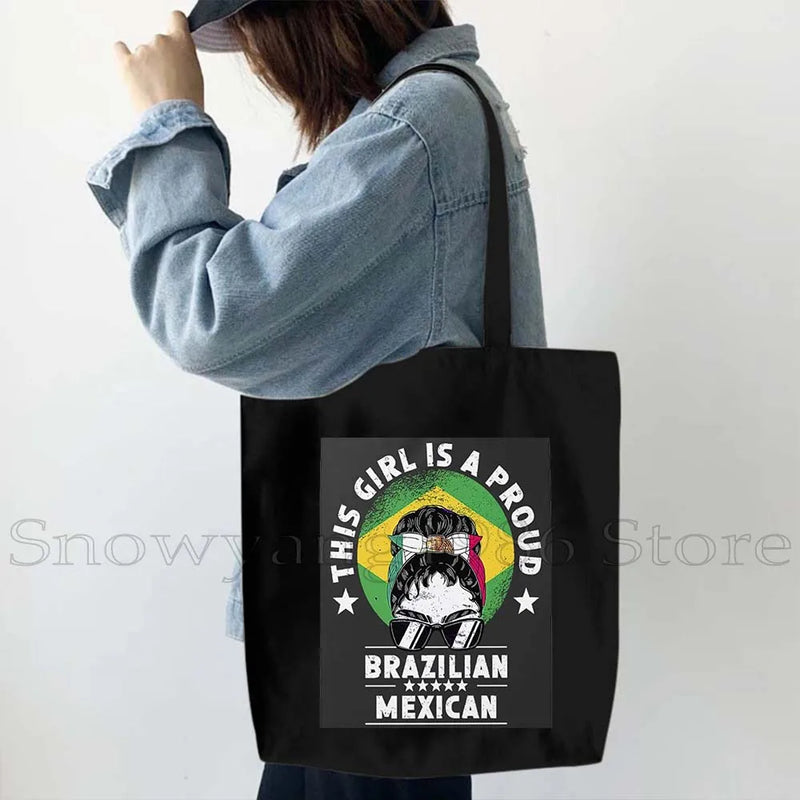 Brazil Map Brazilian Flag Heartbeat Guitar Love Heart Country Watercolor Gift Shoulder Canvas Tote Bag Harajuku Fashion Handbag