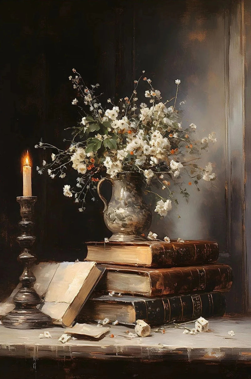 Retro Abstract Dark College Books Skull Flowers Candles Poster Canvas Art Painting Printing Home Room Wall Pictures Decor Gift