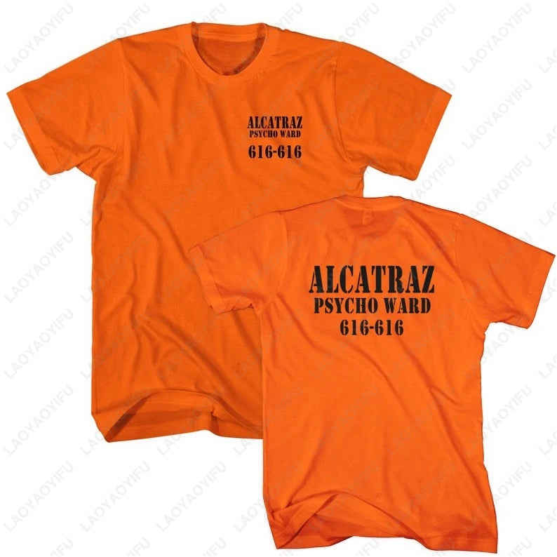 Alcatraz Psycho Ward T-Shirt Prisoner Halloween Orange Tees Costume Halloween Outfit for Men Convict Summer Casual Cotton Tops