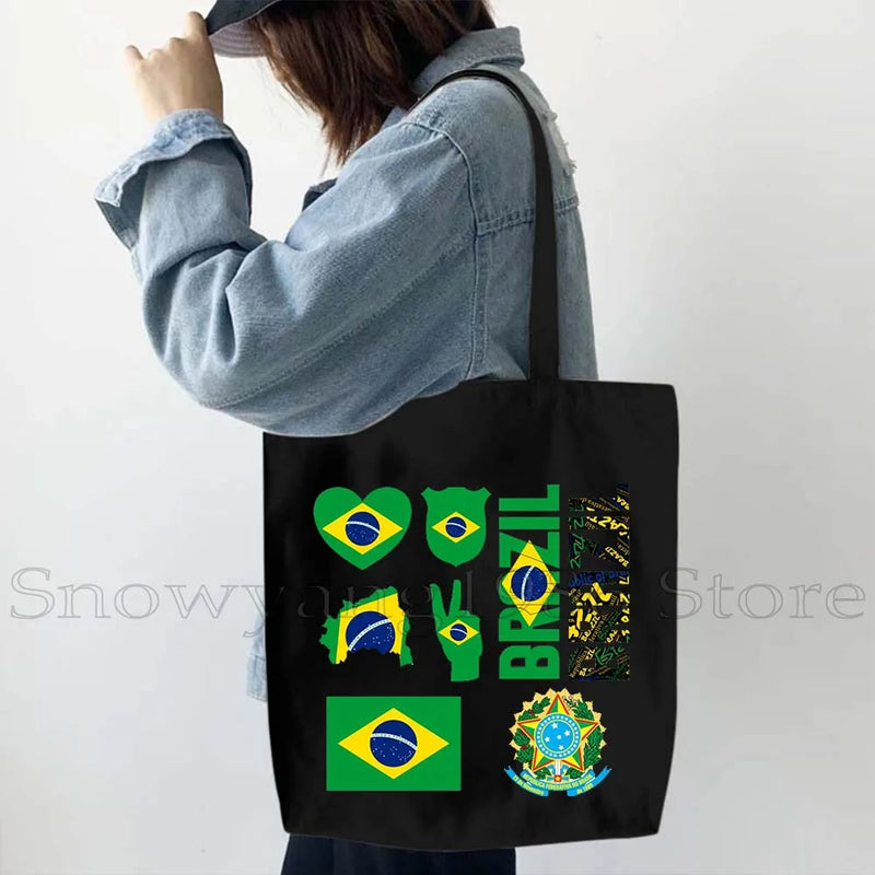 Brazil Map Brazilian Flag Heartbeat Guitar Love Heart Country Watercolor Gift Shoulder Canvas Tote Bag Harajuku Fashion Handbag