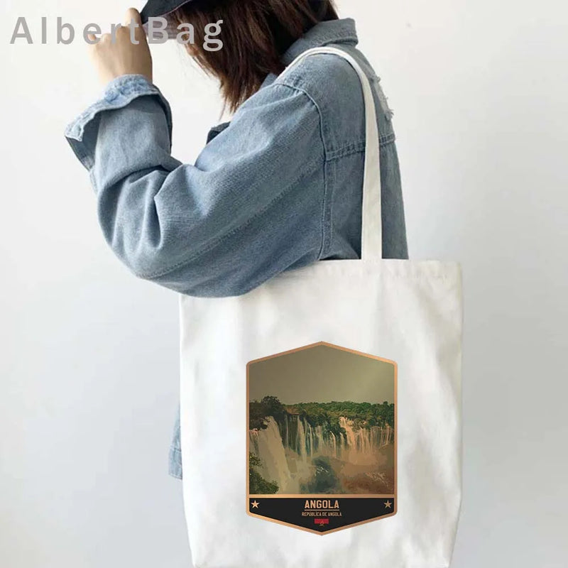 Luanda Angola Map Flag Emblem Gift Idea Love Heart South Africa Skyline Shopper Harajuku Canvas Tote Bag Cotton Shopping Handbag