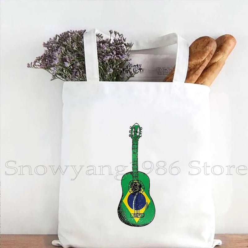 Brazil Map Brazilian Flag Heartbeat Guitar Love Heart Country Watercolor Gift Shoulder Canvas Tote Bag Harajuku Fashion Handbag