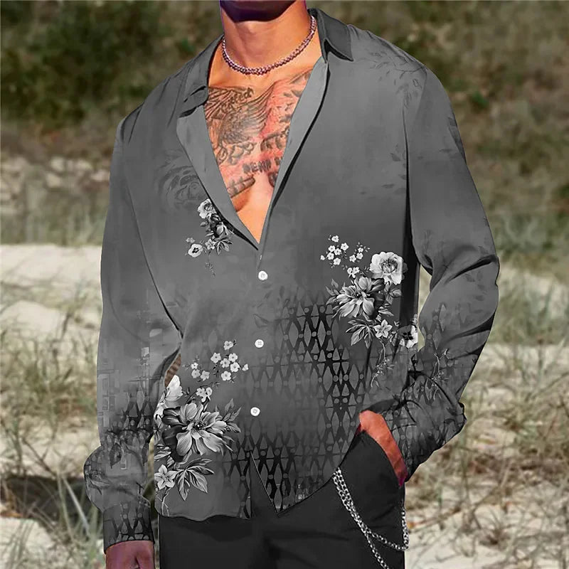 2023 Fashion Shirt Lapel Casual Men's Graffiti Ink Painting Flower Butterfly Outdoor Retro High Quality Material Top Plus Size