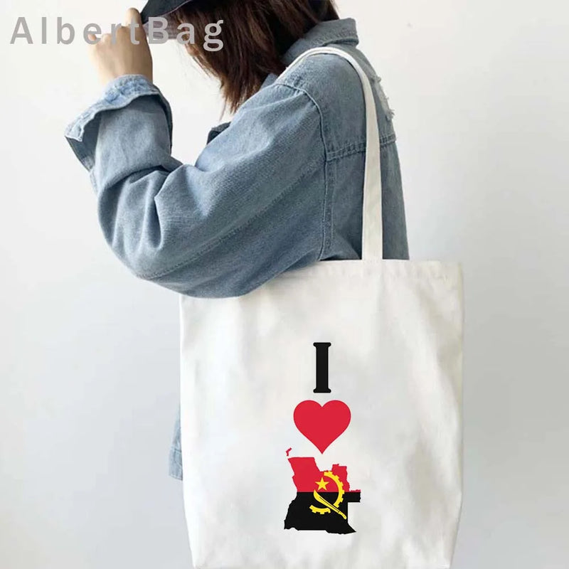 Luanda Angola Map Flag Emblem Gift Idea Love Heart South Africa Skyline Shopper Harajuku Canvas Tote Bag Cotton Shopping Handbag