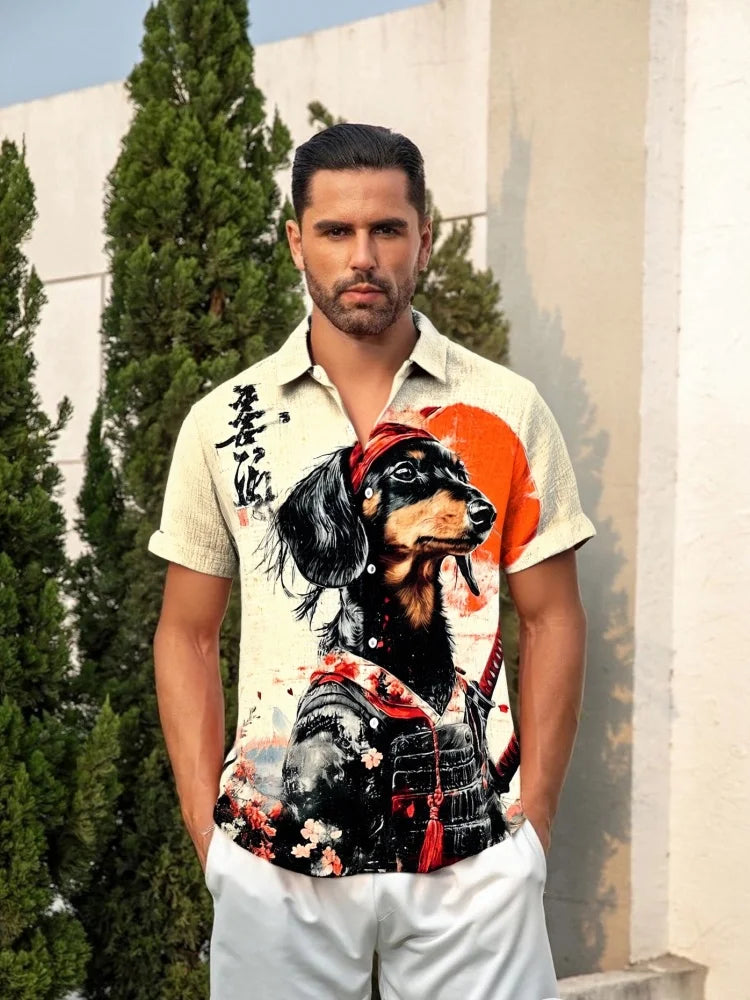Men's Dachshund Warrior International Dog Day Art Print Casual Shirt Holiday Summer Short Sleeve Chic Tops Retro Y2k Funny Tunic