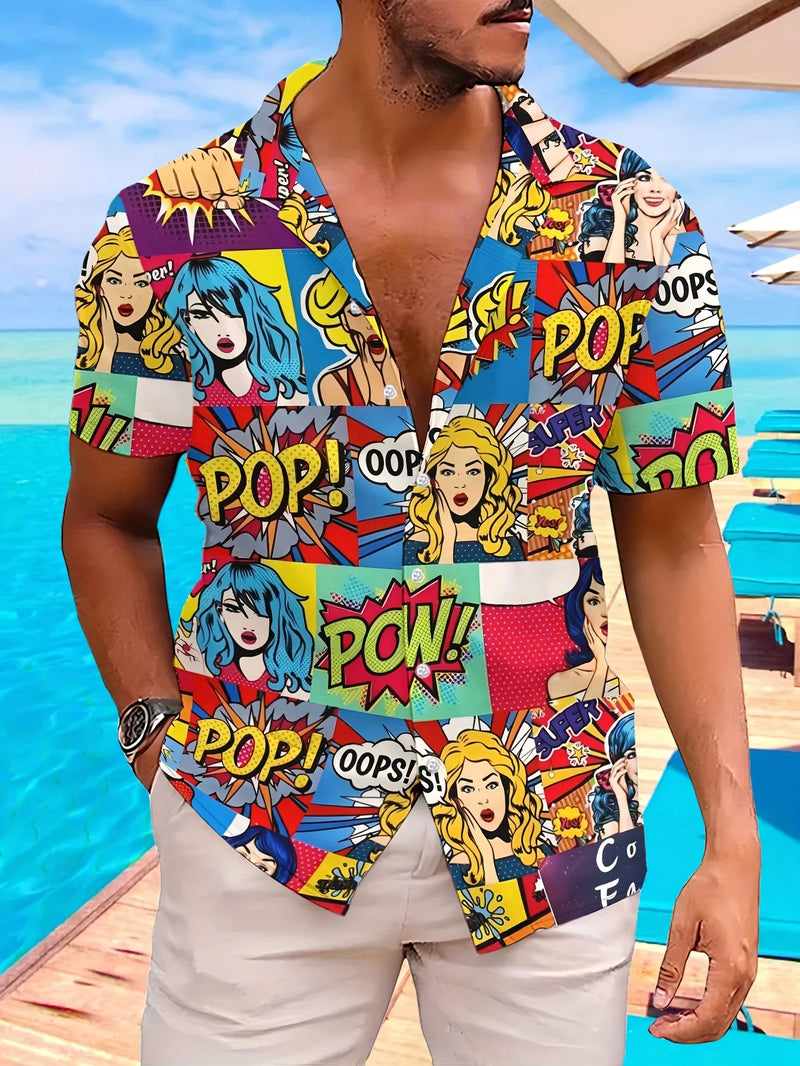 Summer 3D Printed Geometric Pattern Hawaiian Shirt - Short-sleeved Button-down Beach Top, Cartoon-style Design, Bright Colors, L