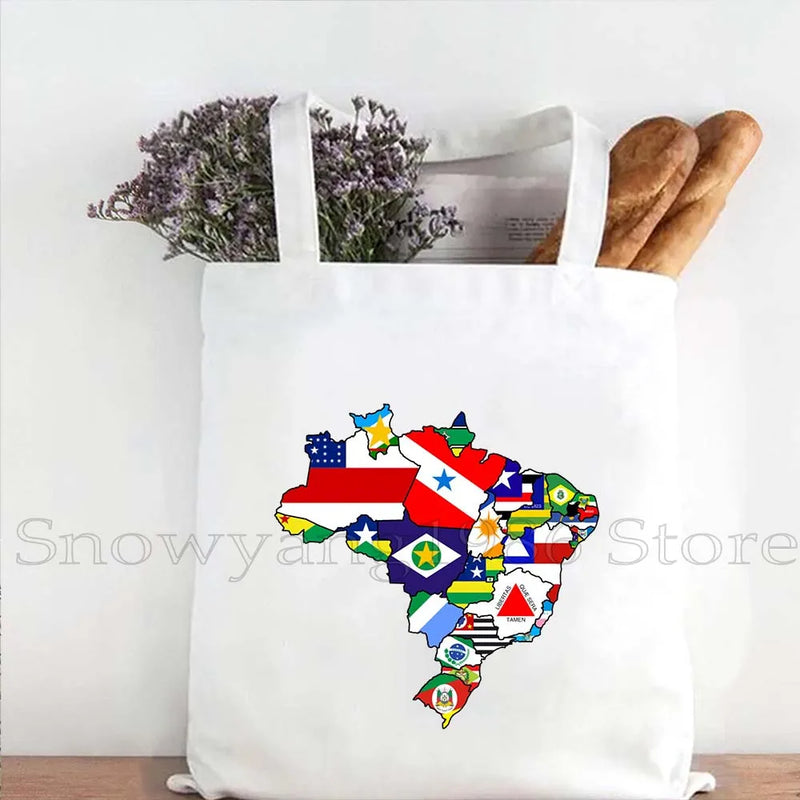 Brazil Map Brazilian Flag Heartbeat Guitar Love Heart Country Watercolor Gift Shoulder Canvas Tote Bag Harajuku Fashion Handbag