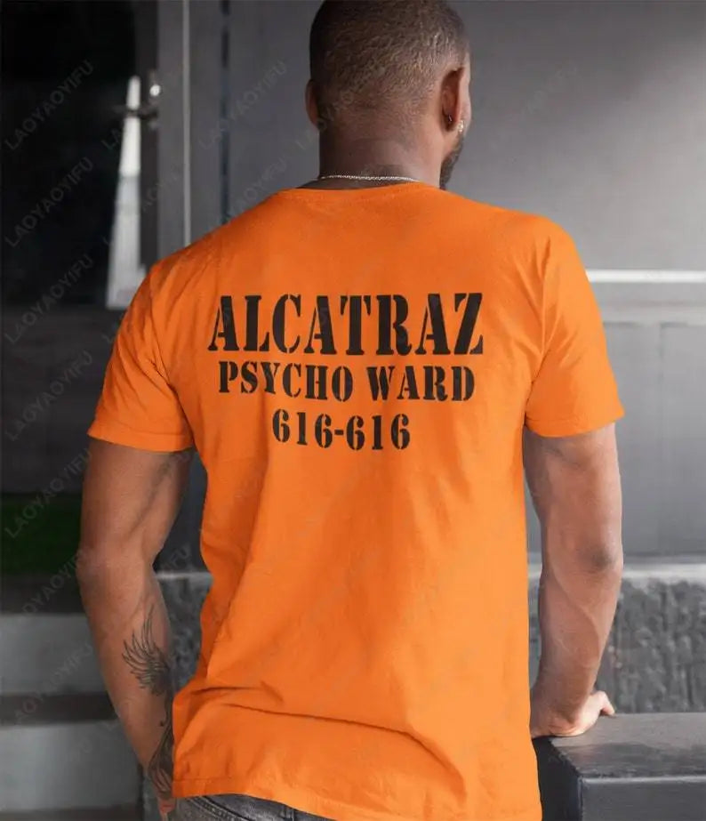 Alcatraz Psycho Ward T-Shirt Prisoner Halloween Orange Tees Costume Halloween Outfit for Men Convict Summer Casual Cotton Tops