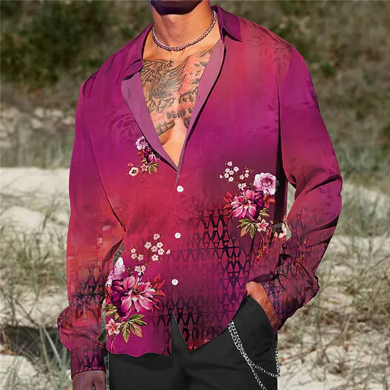 2023 Fashion Shirt Lapel Casual Men's Graffiti Ink Painting Flower Butterfly Outdoor Retro High Quality Material Top Plus Size