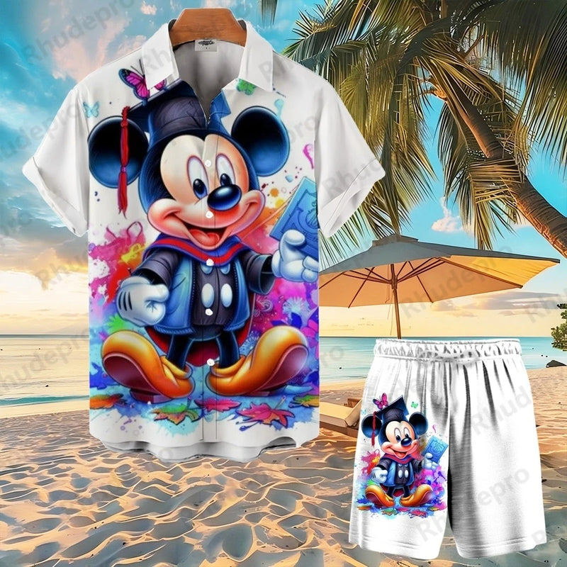 Disney Mickey Mouse Men Women Button Shirt Spider-Man Summer Short Cartoon Hawaii Shirt Set Beach Short Suit Donald Duck