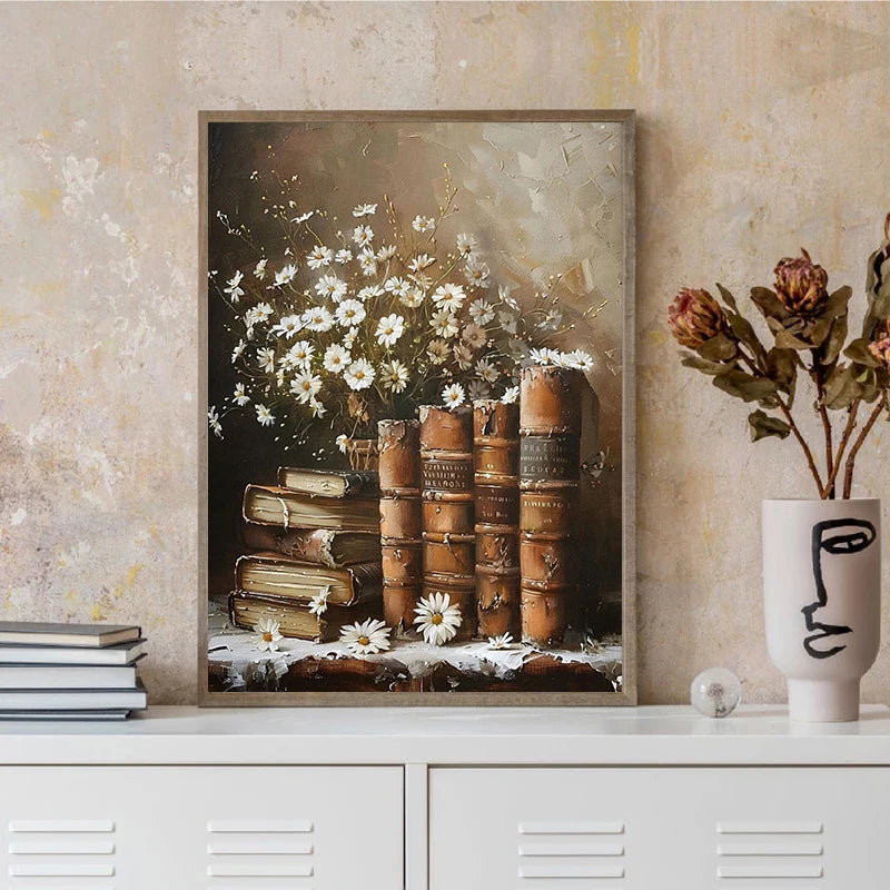 Retro Abstract Dark College Books Skull Flowers Candles Poster Canvas Art Painting Printing Home Room Wall Pictures Decor Gift