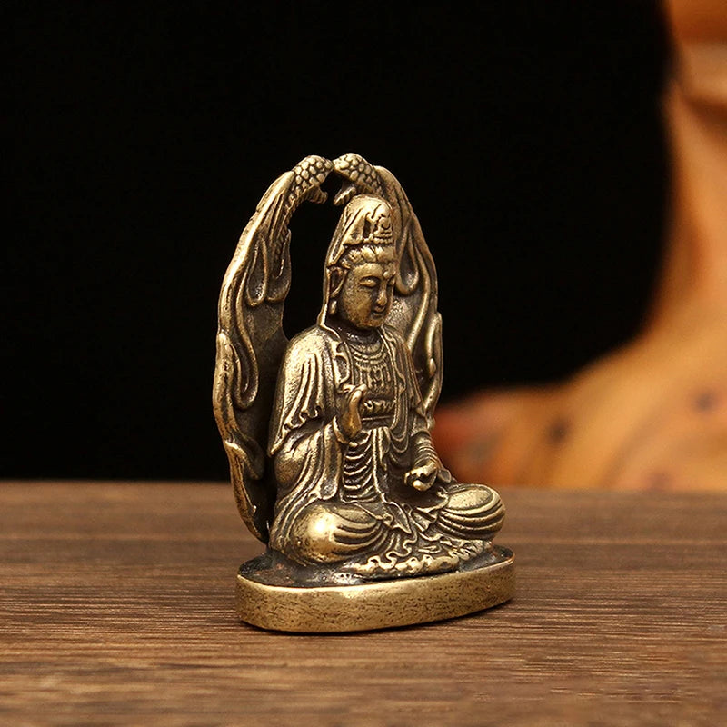 Antique Brass Small Buddha Statue Pocket Guanyin Miniature Figurines Home Office Desk Decorative Ornament Statue Gifts