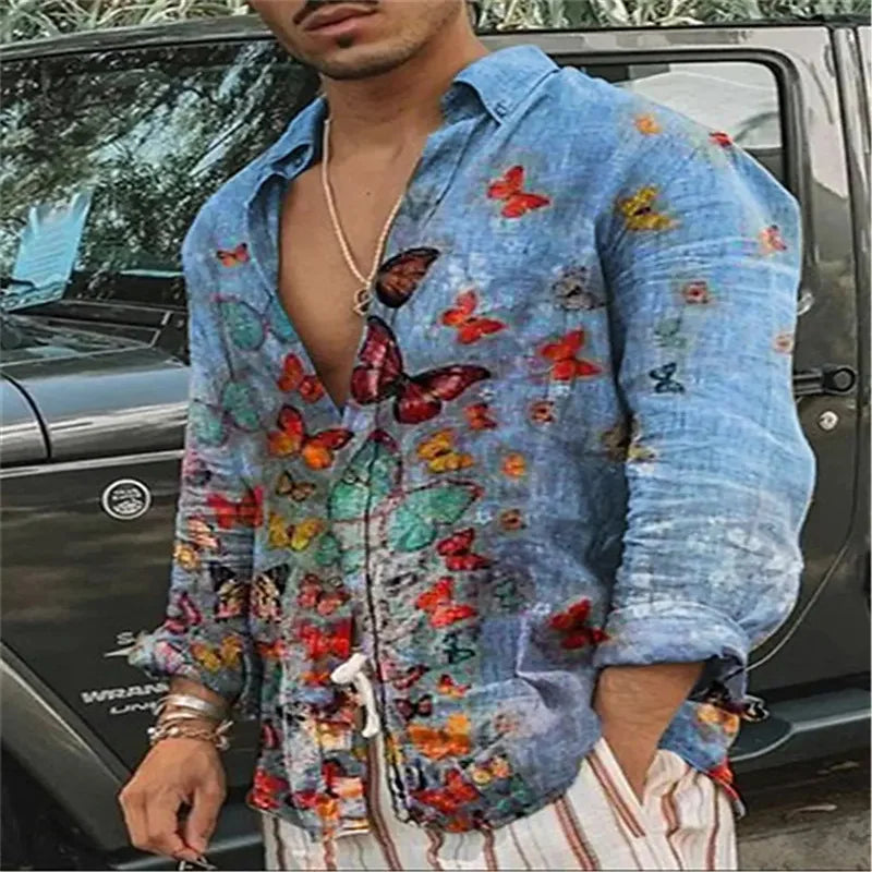 2023 Fashion Shirt Lapel Casual Men's Graffiti Ink Painting Flower Butterfly Outdoor Retro High Quality Material Top Plus Size