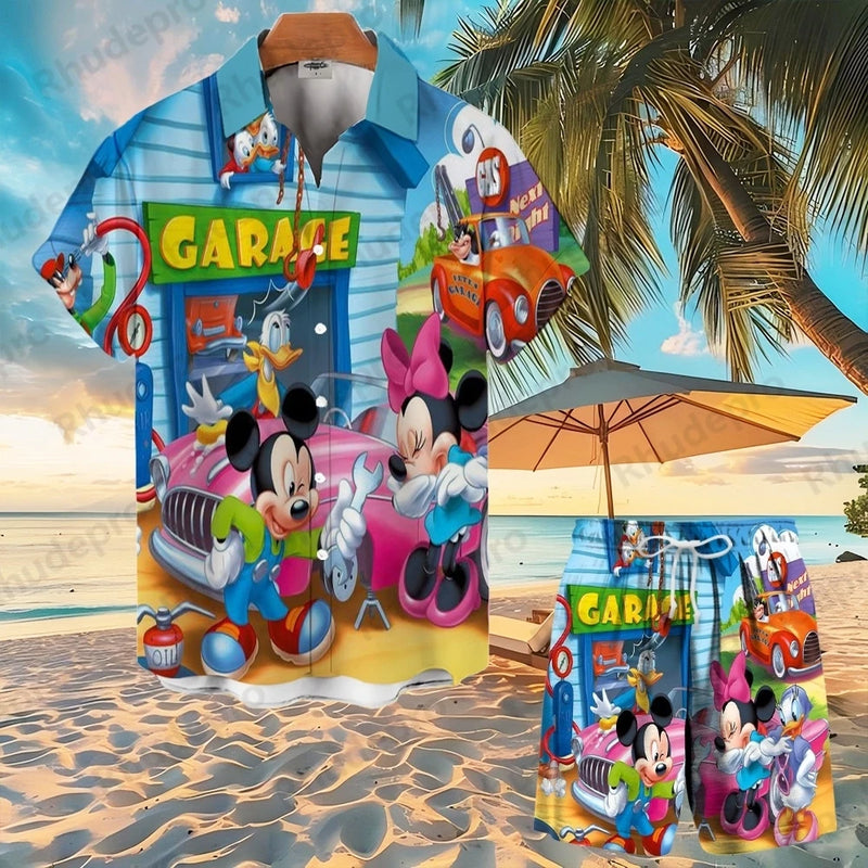 Disney Mickey Mouse Men Women Button Shirt Spider-Man Summer Short Cartoon Hawaii Shirt Set Beach Short Suit Donald Duck