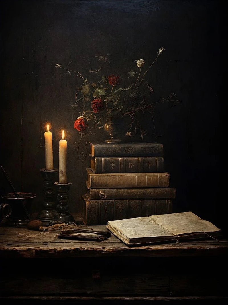Retro Abstract Dark College Books Skull Flowers Candles Poster Canvas Art Painting Printing Home Room Wall Pictures Decor Gift
