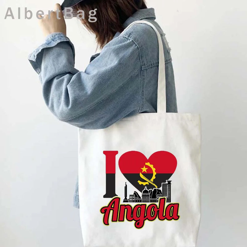 Luanda Angola Map Flag Emblem Gift Idea Love Heart South Africa Skyline Shopper Harajuku Canvas Tote Bag Cotton Shopping Handbag