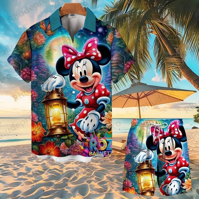 Disney Mickey Mouse Men Women Button Shirt Spider-Man Summer Short Cartoon Hawaii Shirt Set Beach Short Suit Donald Duck