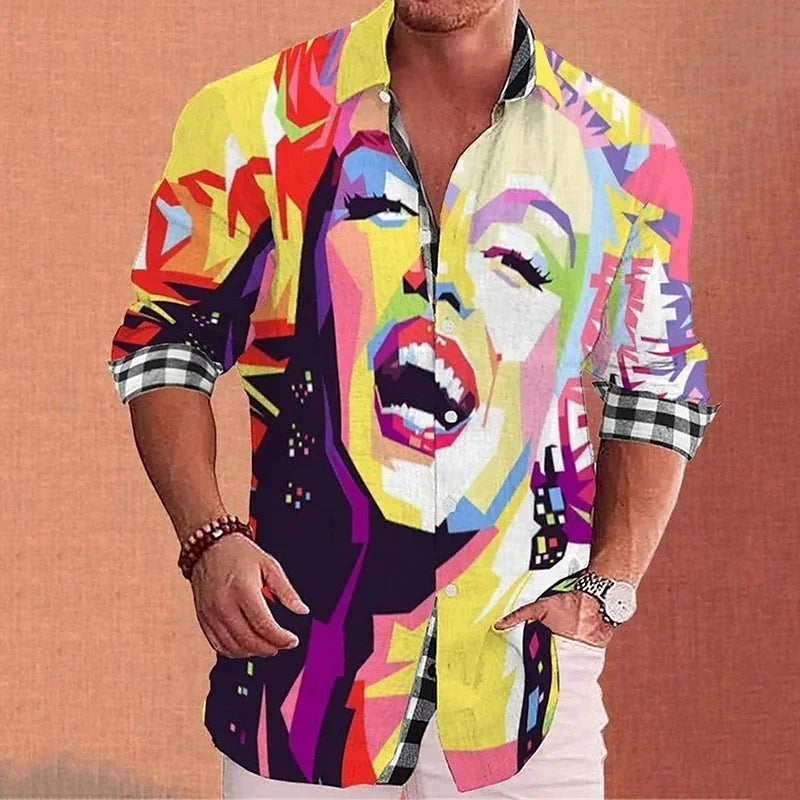 2023 Fashion Shirt Lapel Casual Men's Graffiti Ink Painting Flower Butterfly Outdoor Retro High Quality Material Top Plus Size