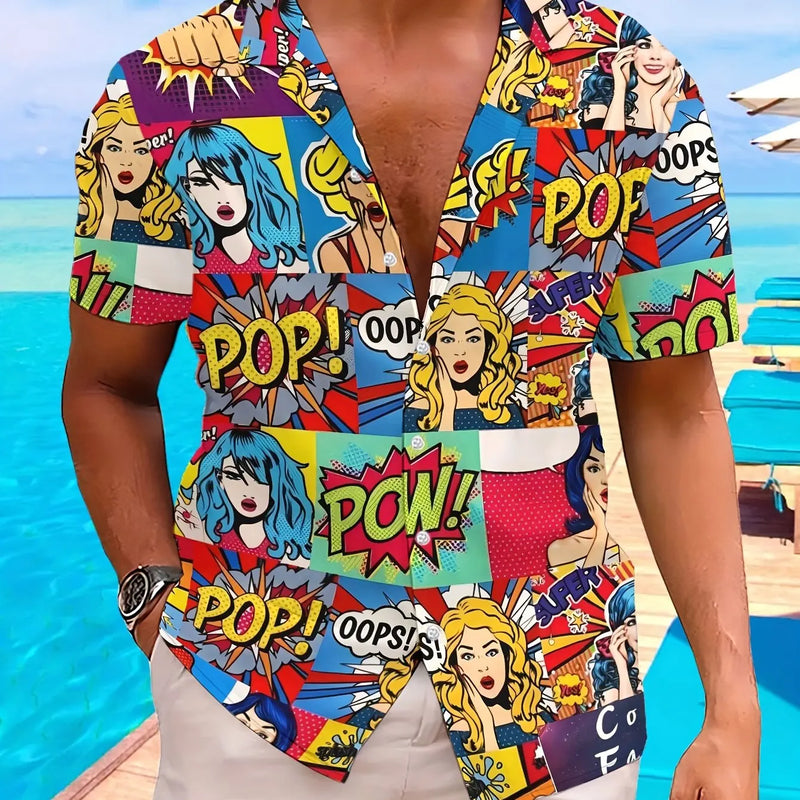 Summer 3D Printed Geometric Pattern Hawaiian Shirt - Short-sleeved Button-down Beach Top, Cartoon-style Design, Bright Colors, L