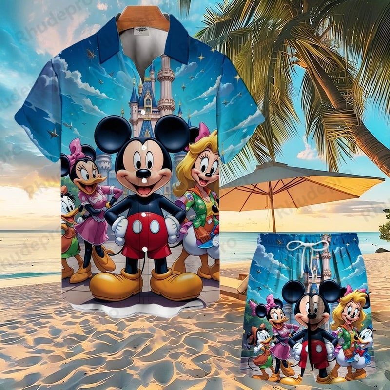 Disney Mickey Mouse Men Women Button Shirt Spider-Man Summer Short Cartoon Hawaii Shirt Set Beach Short Suit Donald Duck