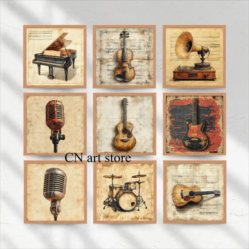 Retro Antique Music Instruments Guitar Microphone Drums Piano Art Poster Canvas Painting Wall Prints Picture Room Home Decor