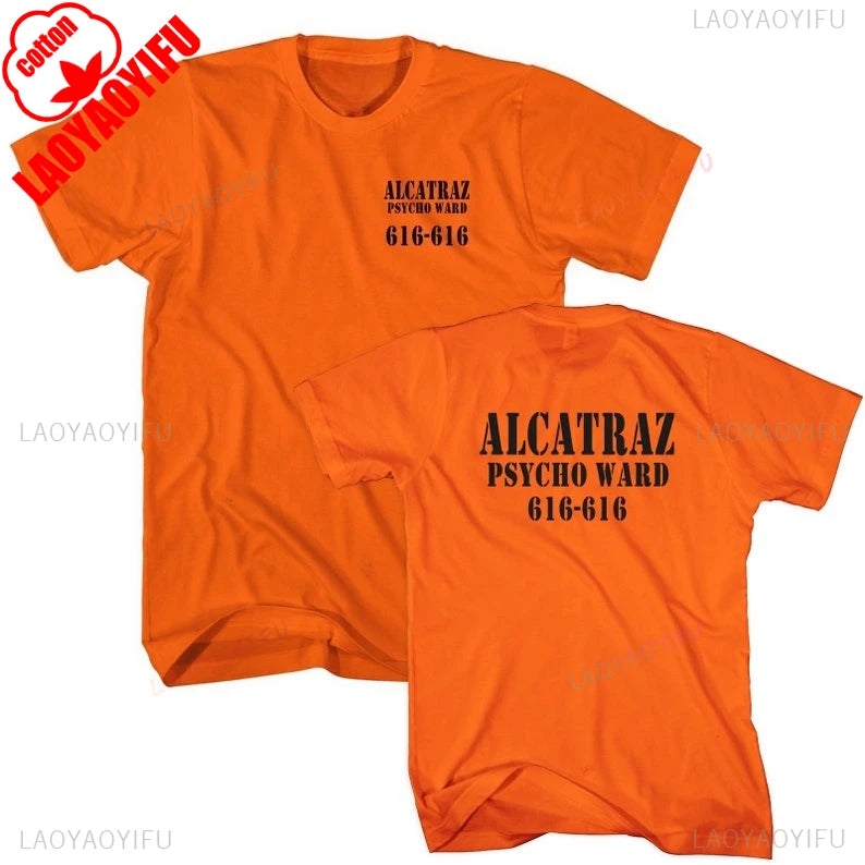 Alcatraz Psycho Ward T-Shirt Prisoner Halloween Orange Tees Costume Halloween Outfit for Men Convict Summer Casual Cotton Tops
